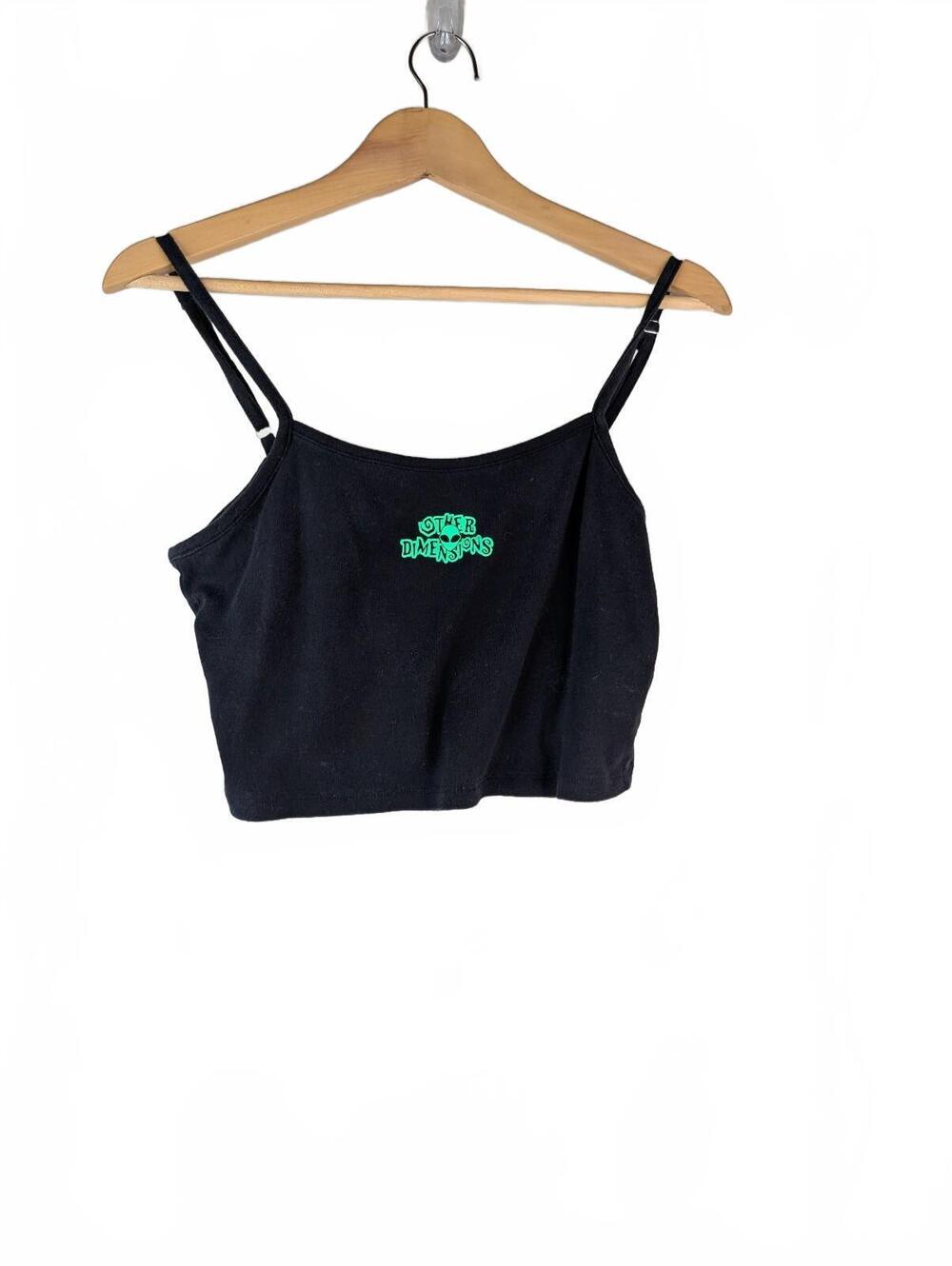 Black Crop Top w/‎ Lime Green Alien Graphic + Adjustable Spaghetti Size M